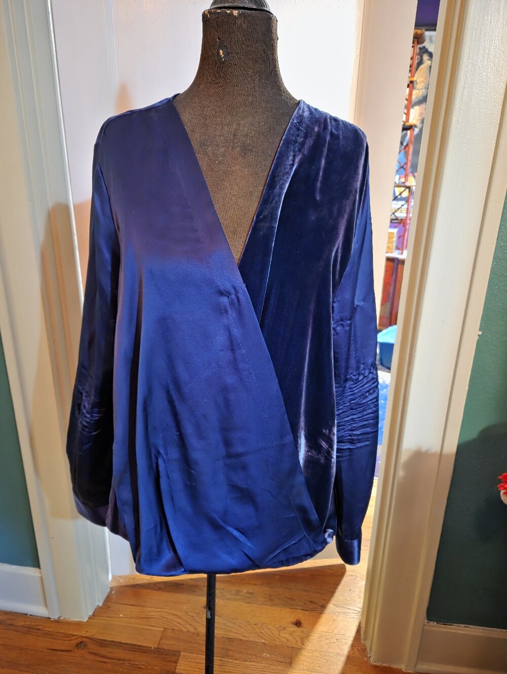 Sundance 'Blended Paths' Deep Blue Silk & Velvet Faux Wrap Blouse